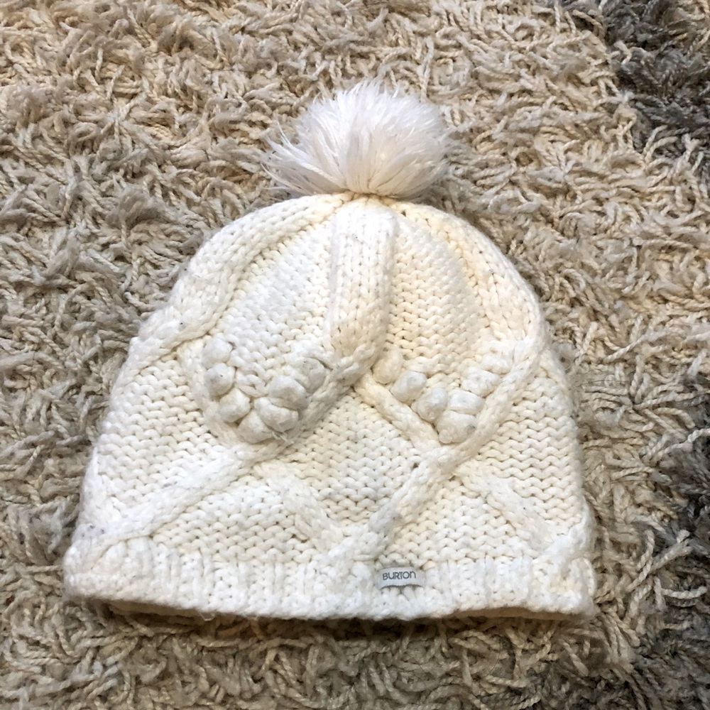 Burton Ivory Knit Pom Faux Fur Lined Beanie Hat OS
